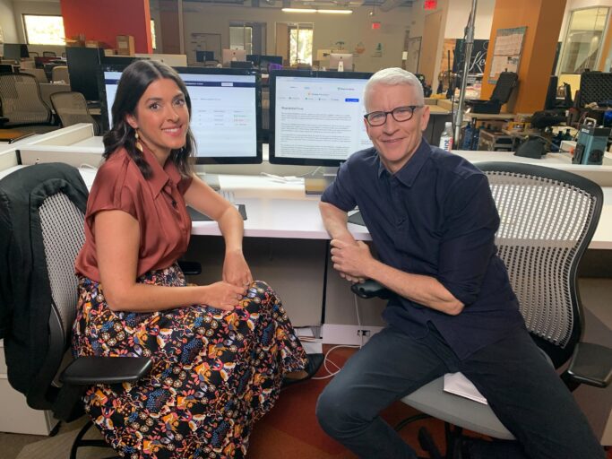 Product manager Sarah with Anderson Cooper after a demo of the Khanmigo Writing coach.